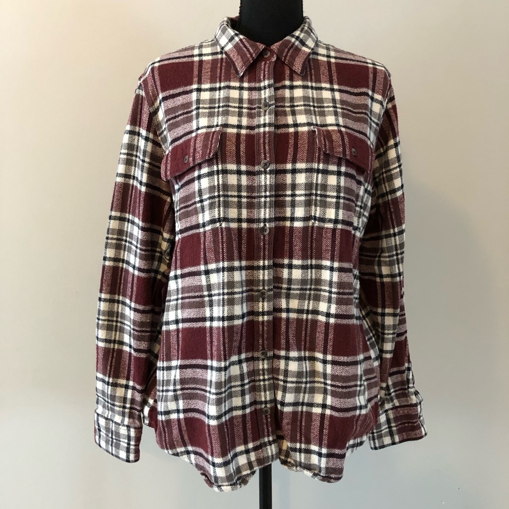Women’s Natural Reflections Dark Maroon and White Plaid Flannel Shirt size L
